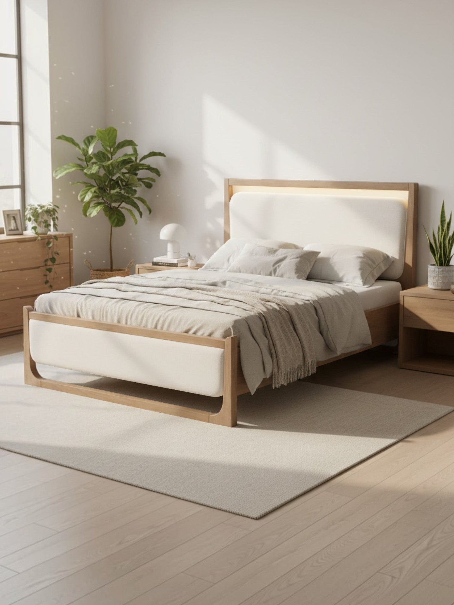 Grand lit Samora TOCO Meubles en bois brun clair avec tête de lit rembourrée et éclairage DEL intégré moderne