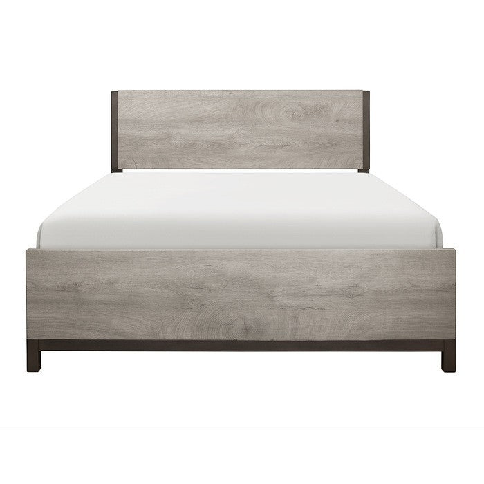 TOCO Meubles Grand Lit Stella gris imitation bois avec détails métal peint, design moderne et épuré.