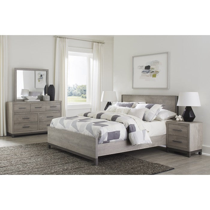 TOCO Meubles Grand Lit Stella gris imitation bois avec détails métal, design moderne et épuré.