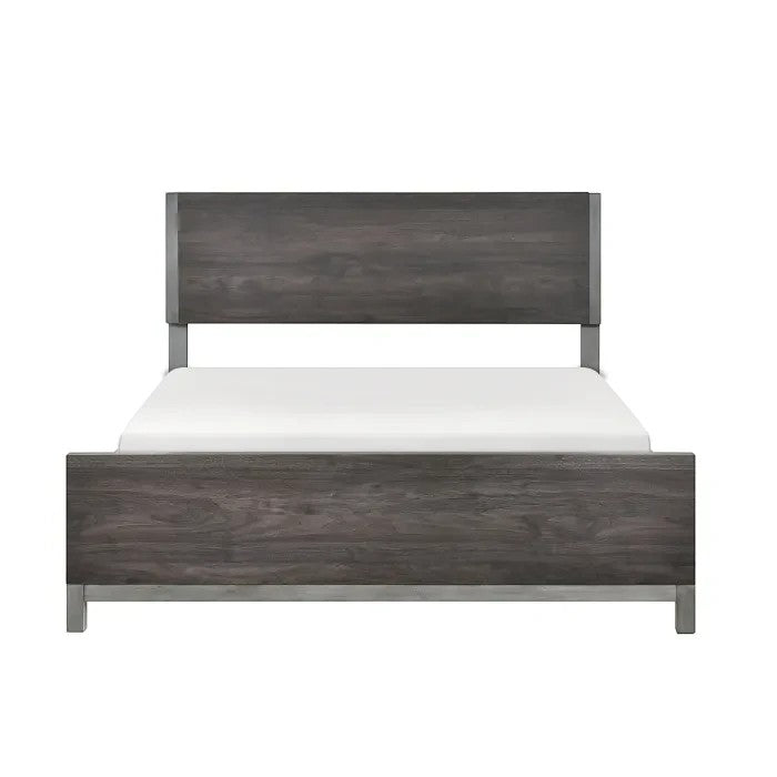 Grand lit Stella TOCO Meubles imitation bois gris avec détails métal peint, design moderne et épuré.