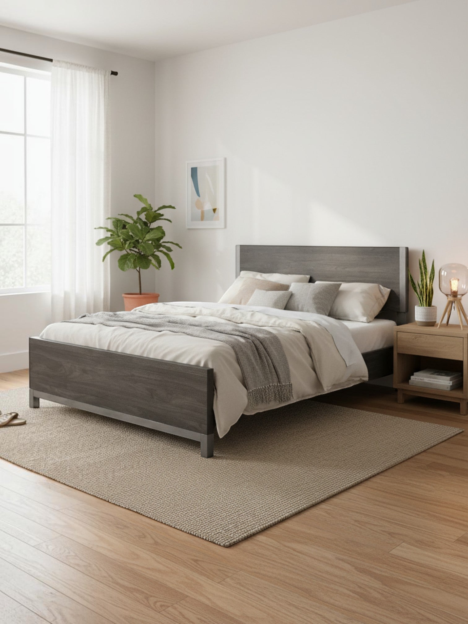 Grand lit Stella TOCO Meubles gris effet bois avec détails métalliques dans une chambre contemporaine lumineuse