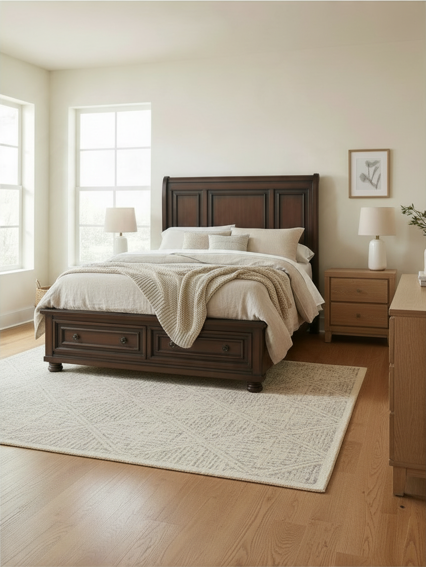 Grand lit Talia TOCO Meubles en bois fini cerisier brun avec tiroirs de rangement intégrés dans une chambre moderne