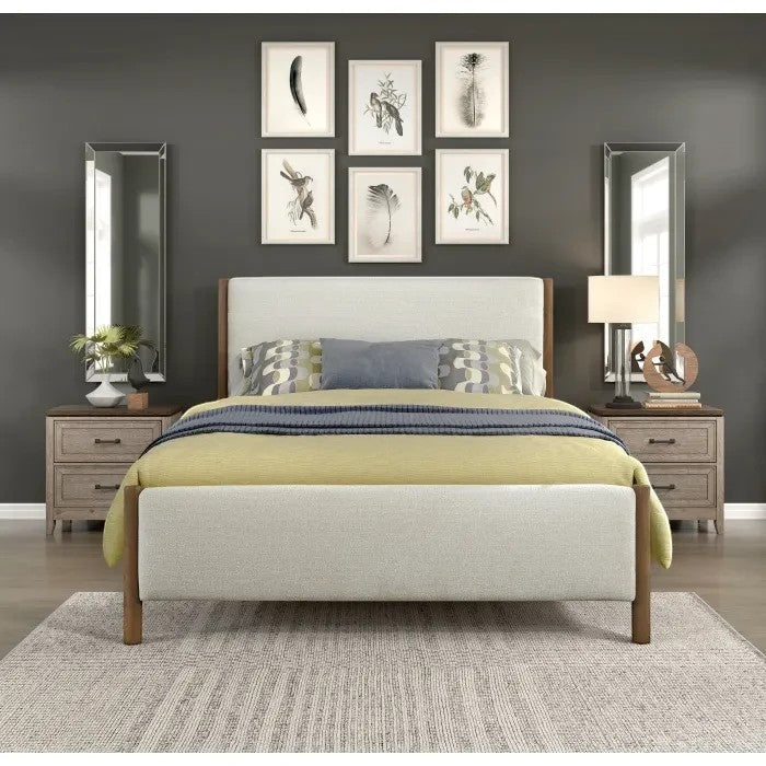 Grand Lit Zavian TOCO Meubles en tissu chenille beige avec montants en bois fini chêne, design moderne.