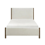 Grand Lit Zavian TOCO Meubles en tissu chenille beige avec montants en bois chêne. Design moderne.