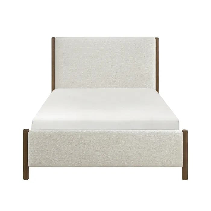 Grand Lit Zavian TOCO Meubles en tissu chenille beige avec montants en bois fini chêne, design moderne.