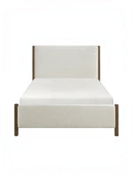 Grand Lit Zavian TOCO Meubles en tissu chenille beige avec montants en bois chêne. Design moderne.