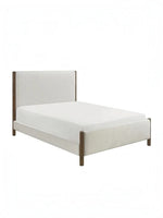 Grand lit Zavian TOCO Meubles en tissu chenille beige avec montants en bois fini chêne, design moderne.