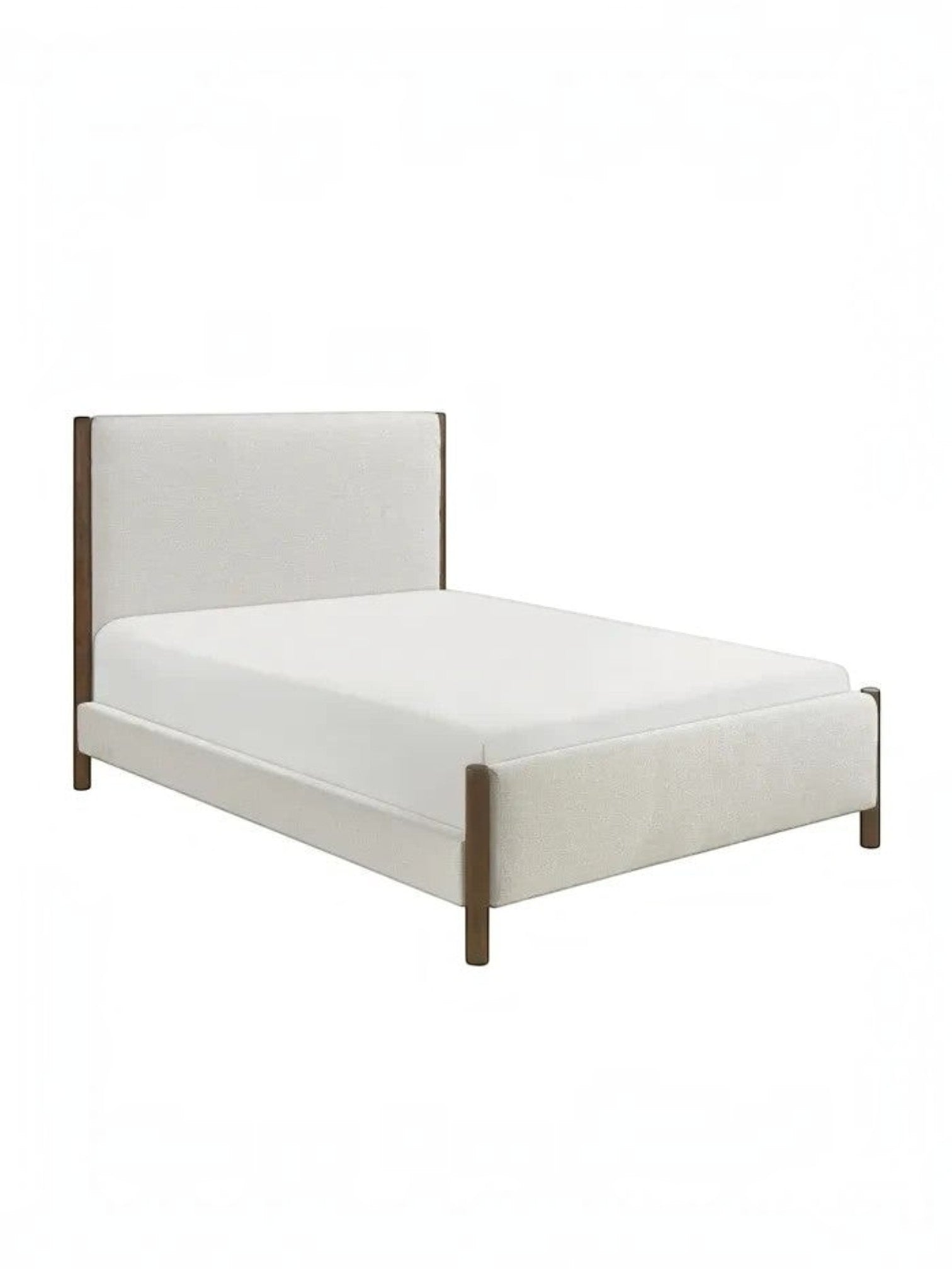Grand lit Zavian TOCO Meubles en tissu chenille beige avec montants en bois fini chêne, design moderne.
