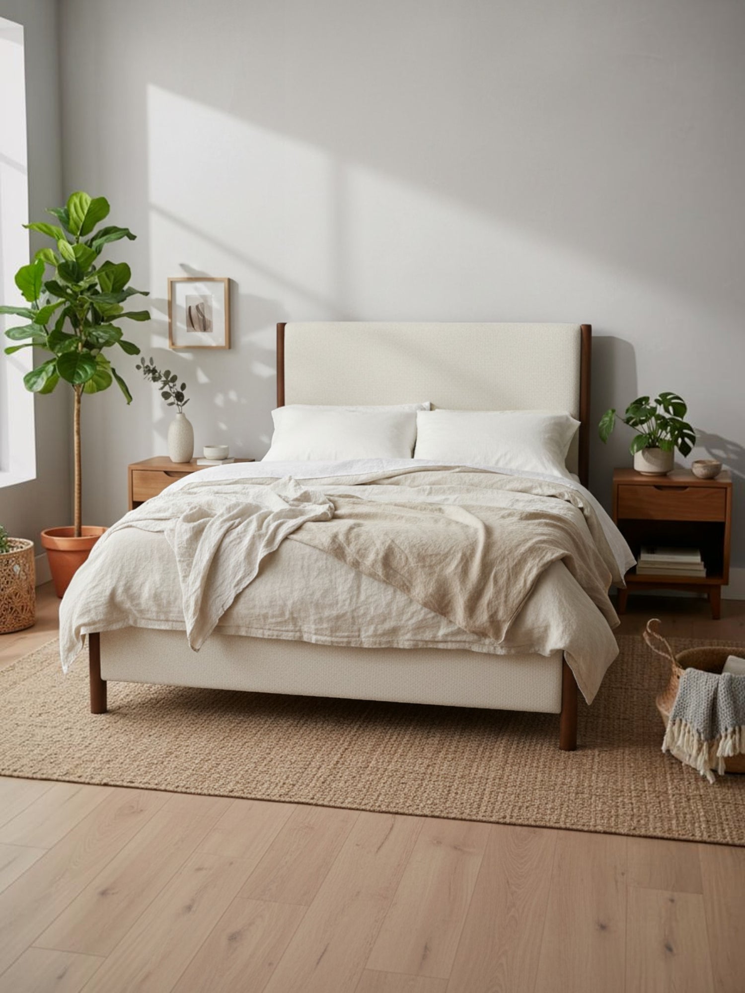 Grand lit Zavian TOCO Meubles en tissu chenille beige avec montants en bois chêne dans une chambre moderne et épurée