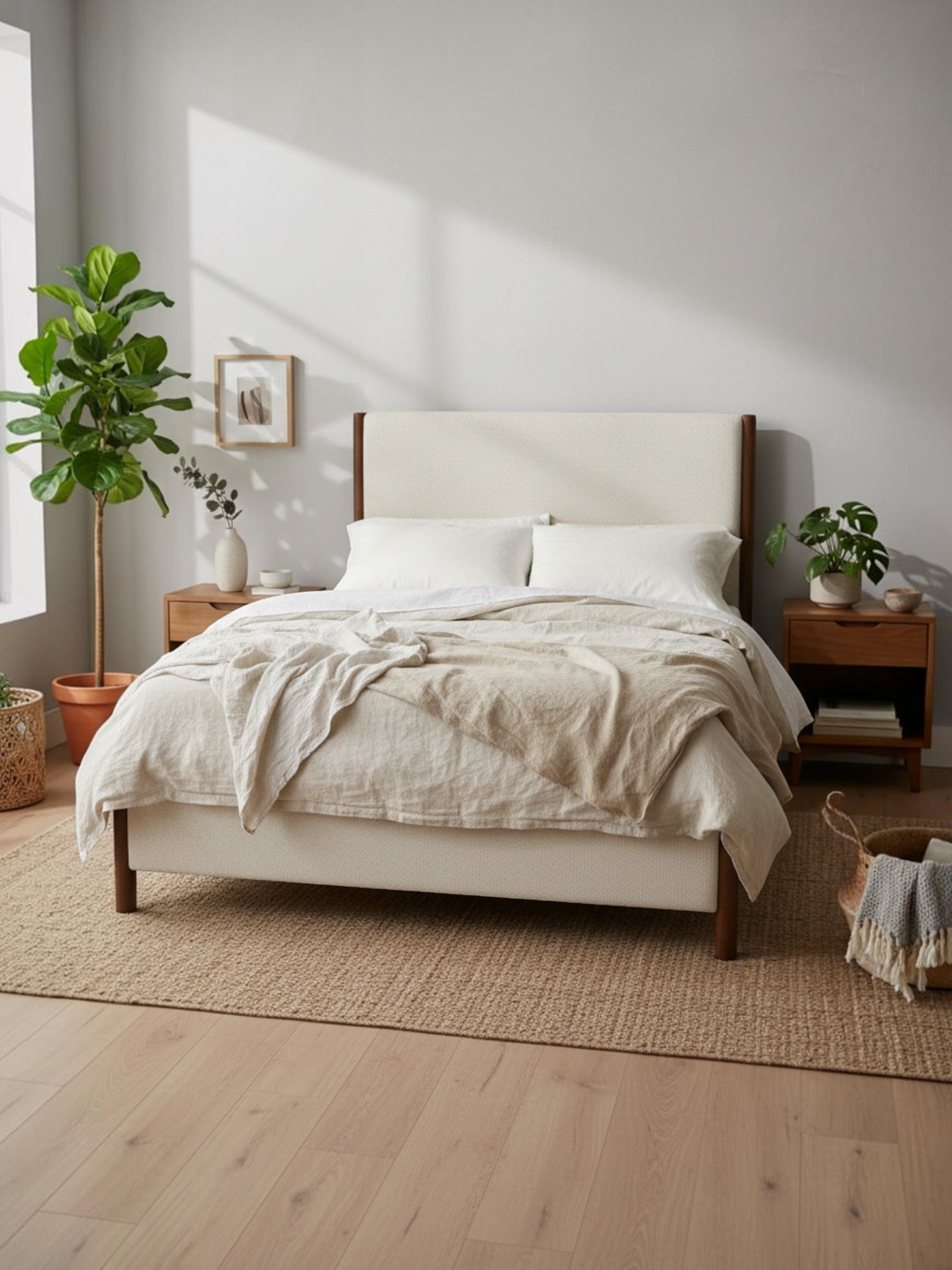 Grand lit Zavian TOCO Meubles en tissu chenille beige avec montants en bois chêne dans une chambre moderne et épurée