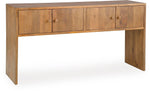TOCO Meubles Kelani console table in natural wood finish with four cabinet doors and round wooden knobs.