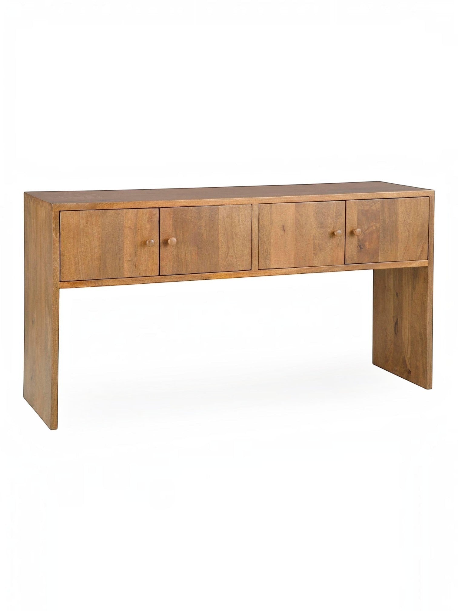 TOCO Meubles Kelani console table in natural wood finish with four cabinet doors and round wooden knobs.