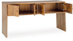 TOCO Meubles Kelani console table in warm wood finish with four cabinet doors open, showcasing storage space.