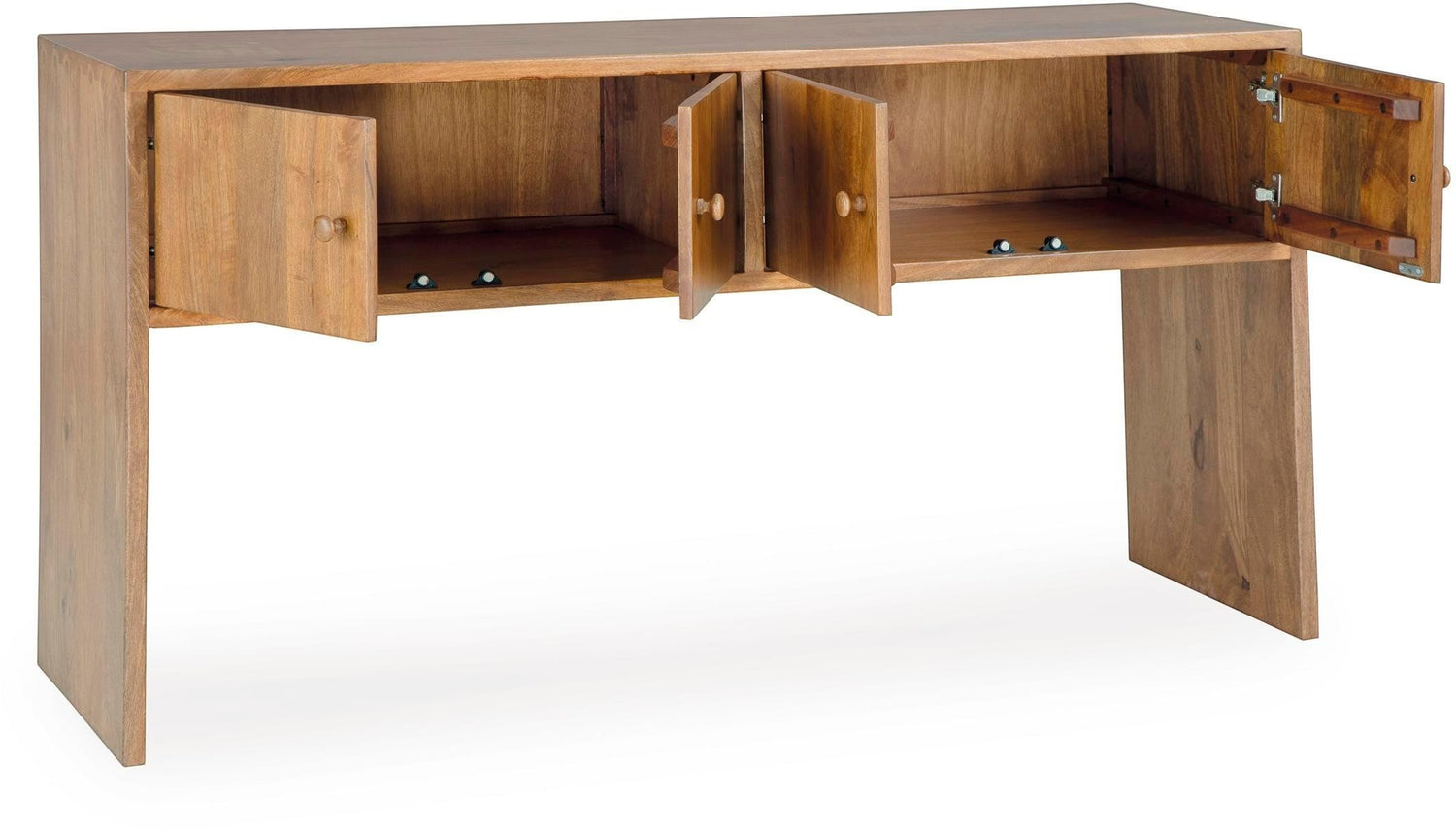 TOCO Meubles Kelani console table in warm wood finish with four cabinet doors open, showcasing storage space.