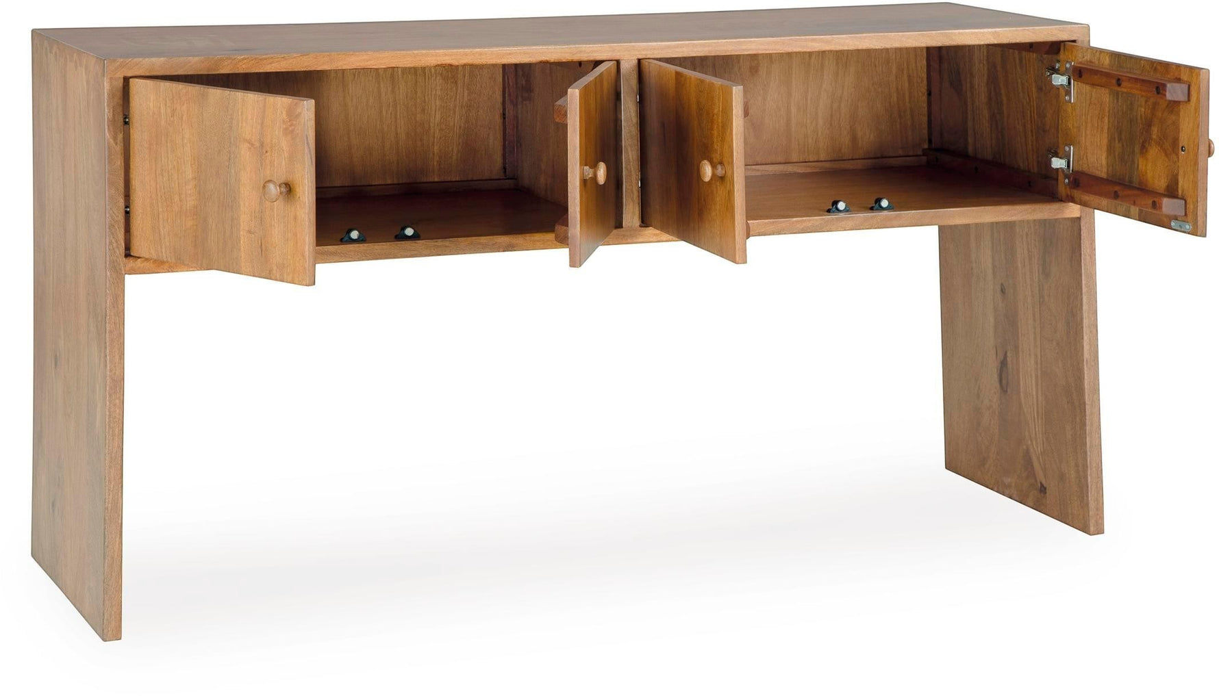 TOCO Meubles Kelani console table in warm wood finish with four cabinet doors open, showcasing storage space.
