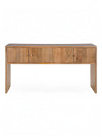 TOCO Meubles Kelani console table in natural wood finish with four doors and round wooden knobs. Minimalist design.