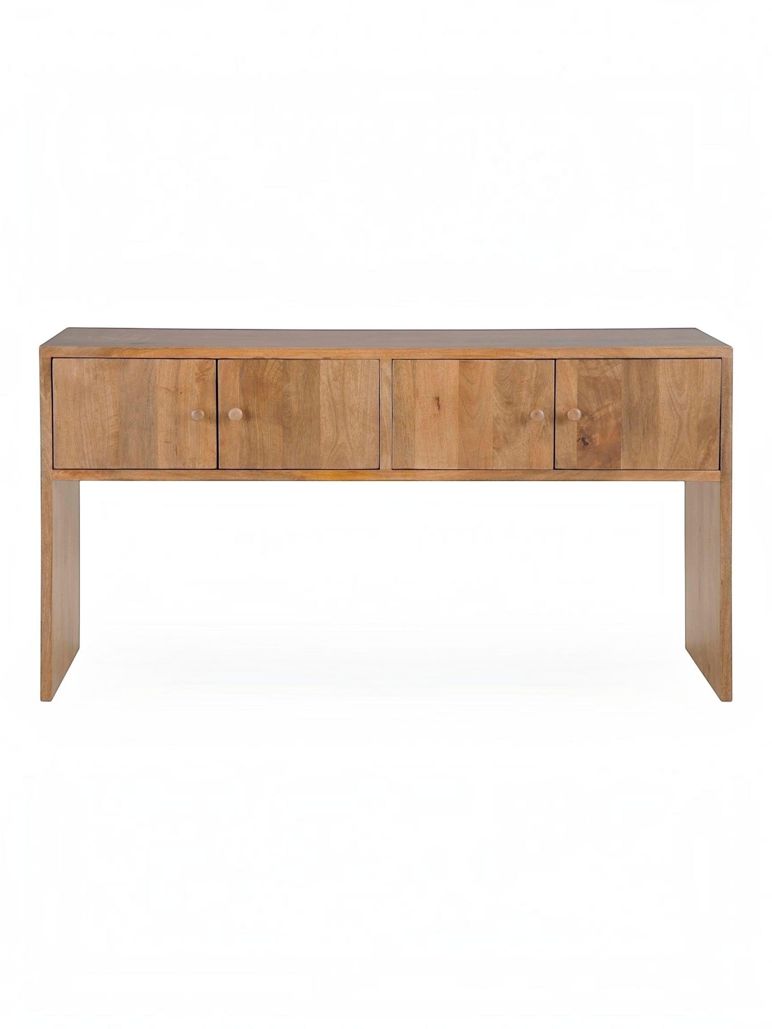 TOCO Meubles Kelani console table in natural wood finish with four doors and round wooden knobs. Minimalist design.