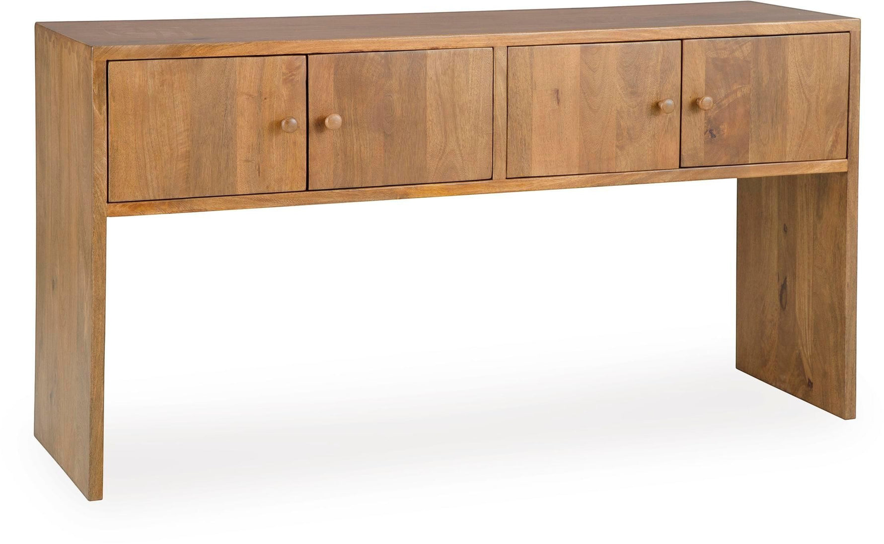 TOCO Meubles Kelani console table in natural wood finish with four cabinet doors and round wooden knobs.