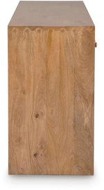 TOCO Meubles Kelani console table in natural wood finish with decorative carved edge detail.
