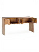 TOCO Meubles Kelani console table in warm wood finish with four cabinet doors open, showcasing storage space.