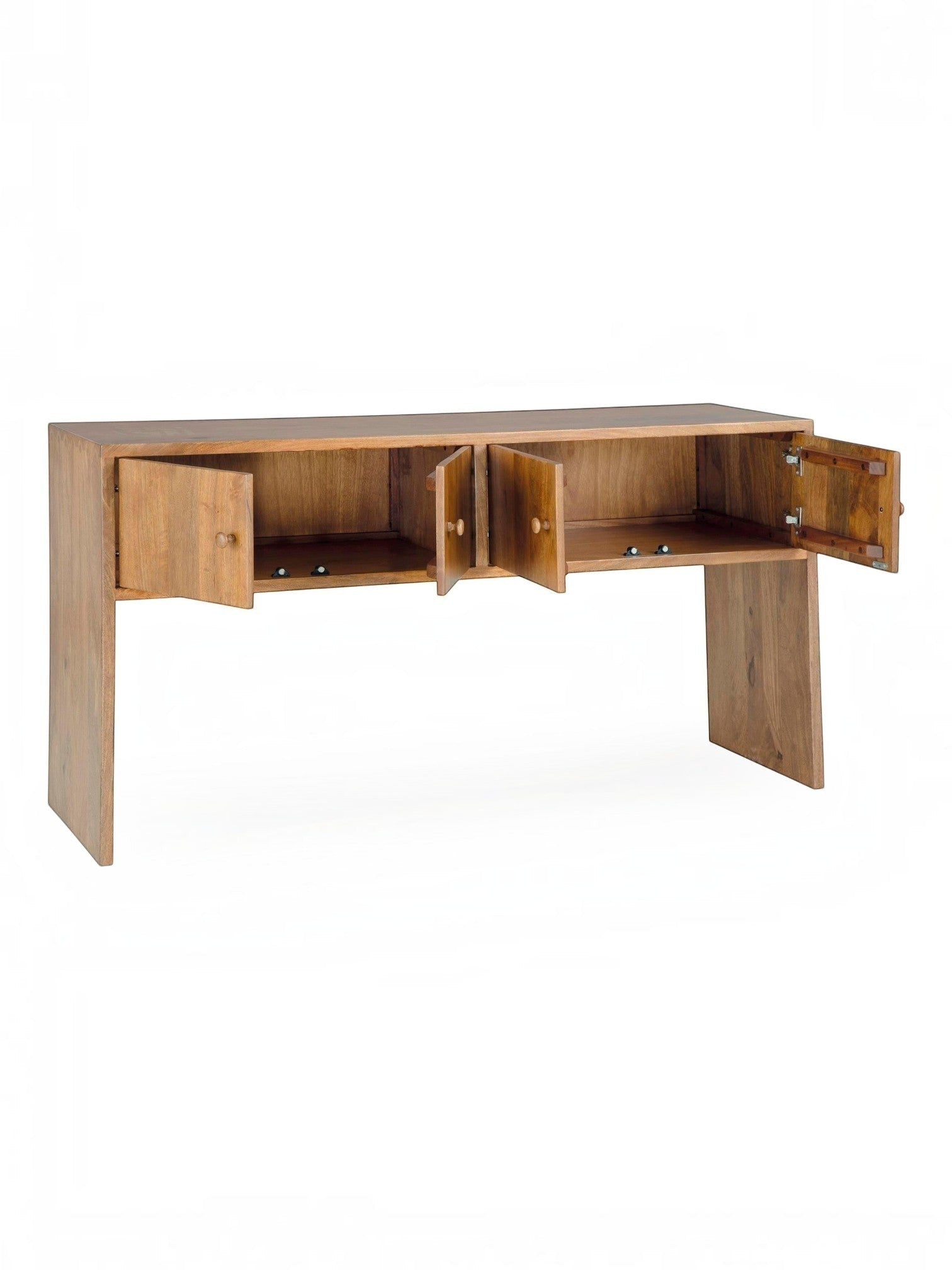 TOCO Meubles Kelani console table in warm wood finish with four cabinet doors open, showcasing storage space.