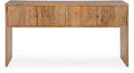TOCO Meubles Kelani console table in natural wood finish with four doors and round wooden knobs. Minimalist design.