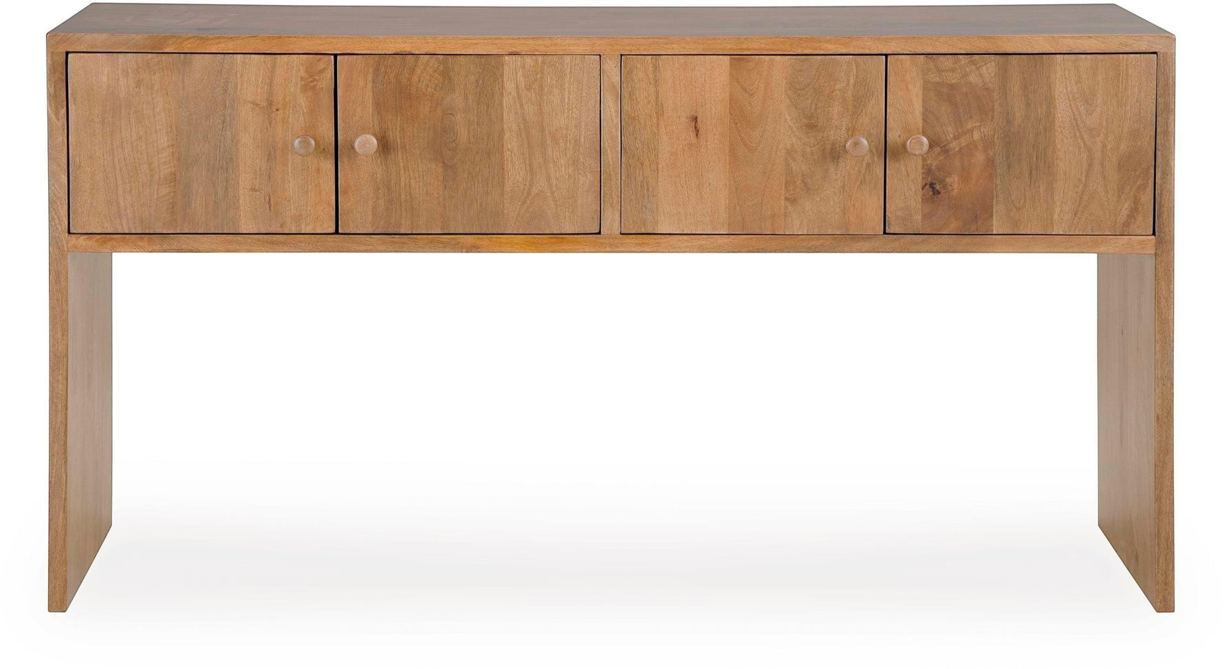 TOCO Meubles Kelani console table in natural wood finish with four doors and round wooden knobs. Minimalist design.