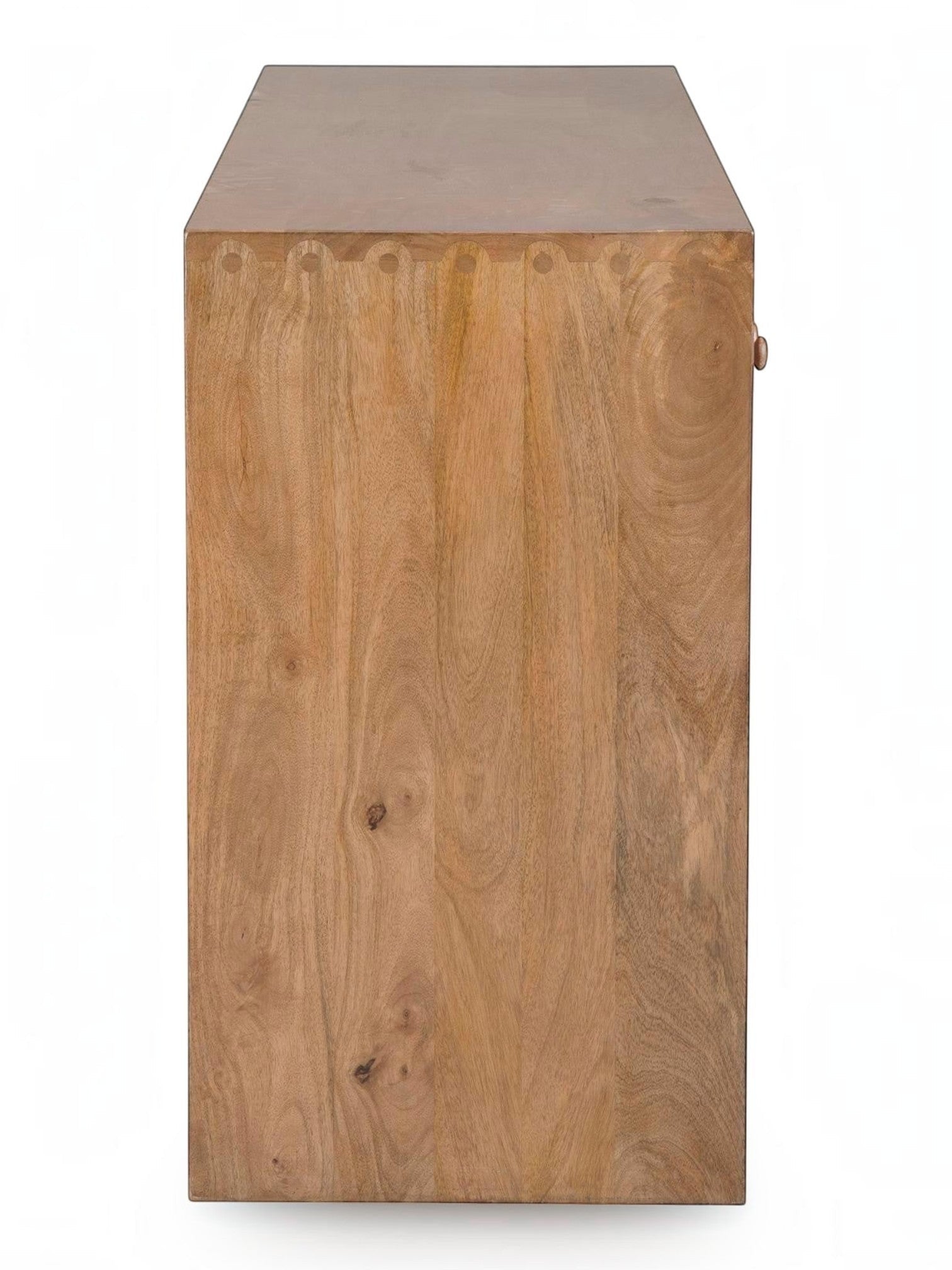 TOCO Meubles Kelani console table in natural wood finish with decorative carved edge detail.