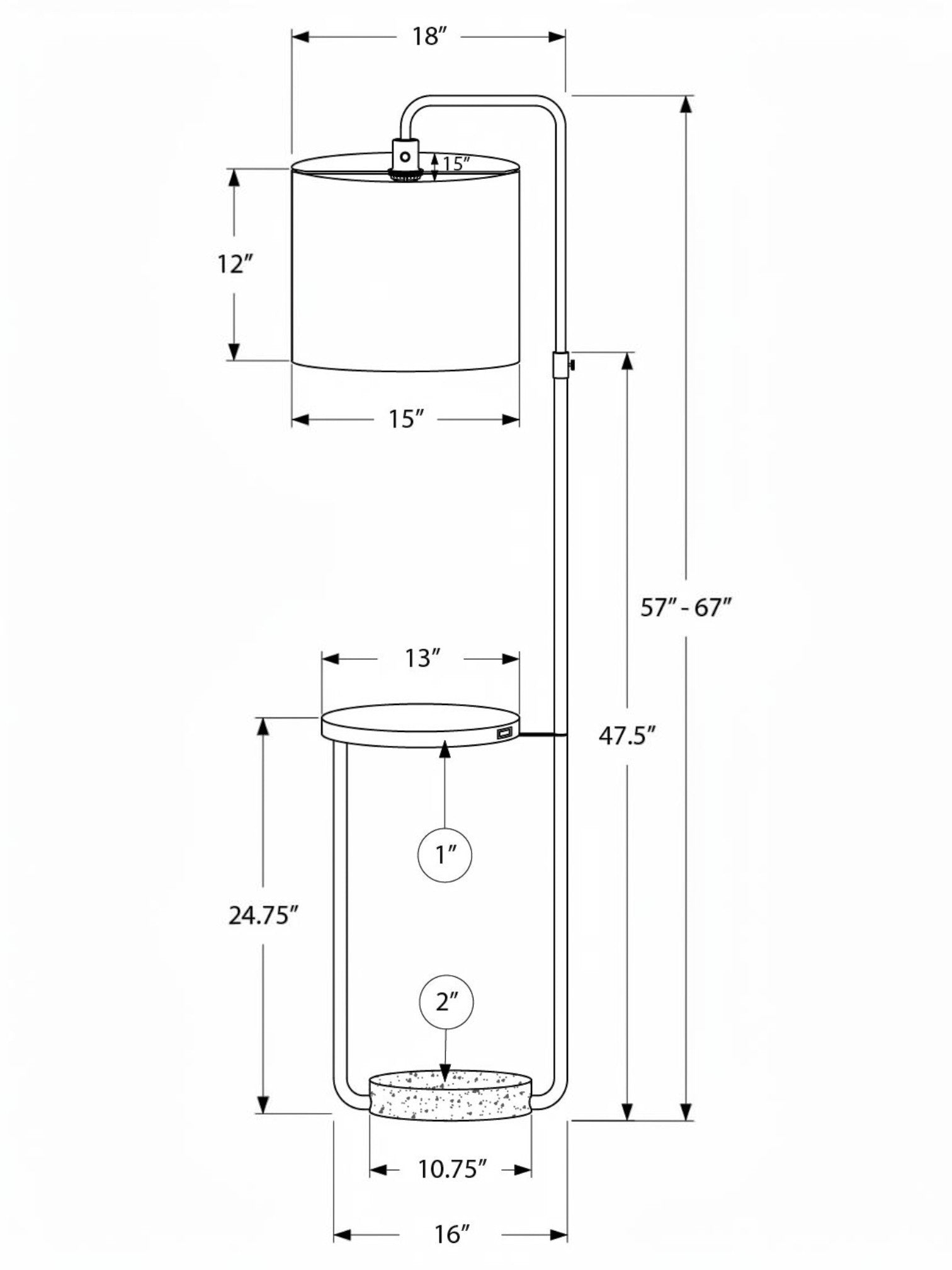 Schéma technique du lampadaire TOCO Meubles Cori avec tablette intégrée, port USB et dimensions détaillées.
