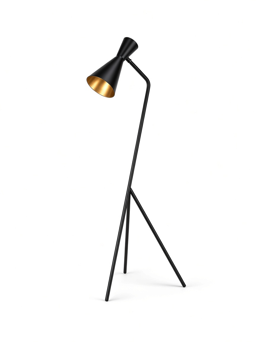 Lampadaire Eris III TOCO Meubles noir mat avec abat-jour double-cône doré au style industriel et base tripode