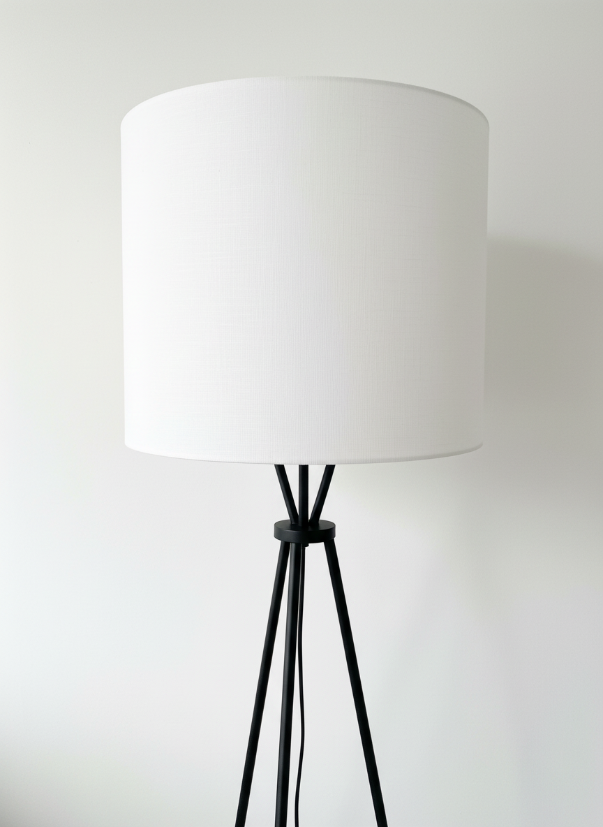 Lampadaire TOCO Meubles Ambrose avec structure en métal noir et grand abat-jour cylindrique en tissu blanc