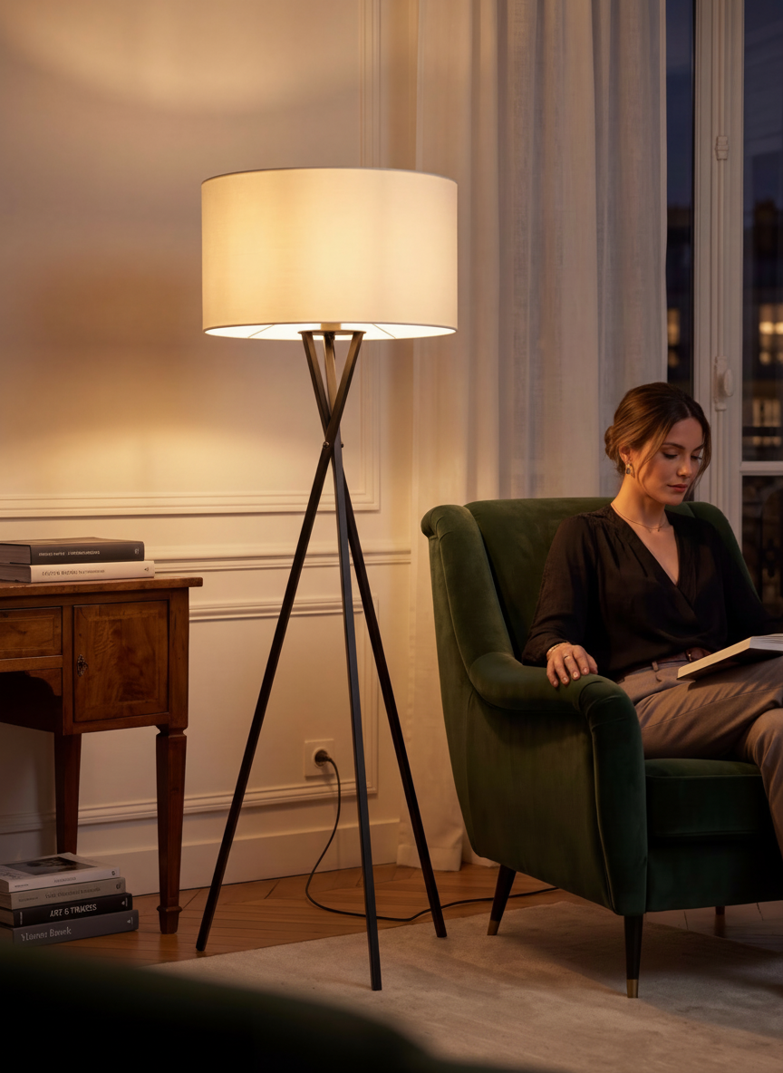 Lampadaire TOCO Meubles Ambrose en métal noir avec abat-jour en tissu blanc dans un salon chaleureux