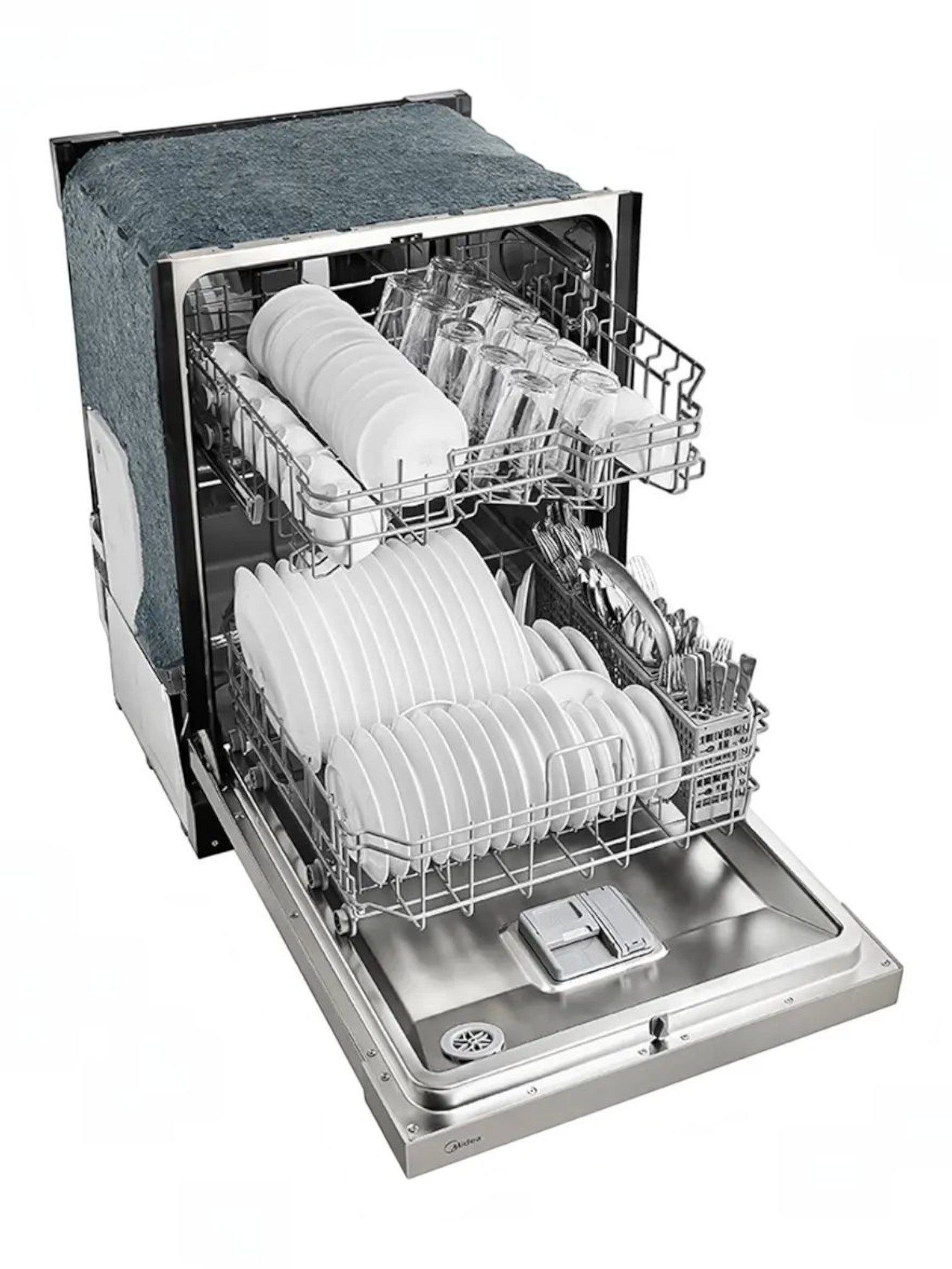 Lave-vaisselle MIDEA 24 po TOCO Meubles avec cuve hybride inox, paniers chargés de vaisselle et porte ouverte