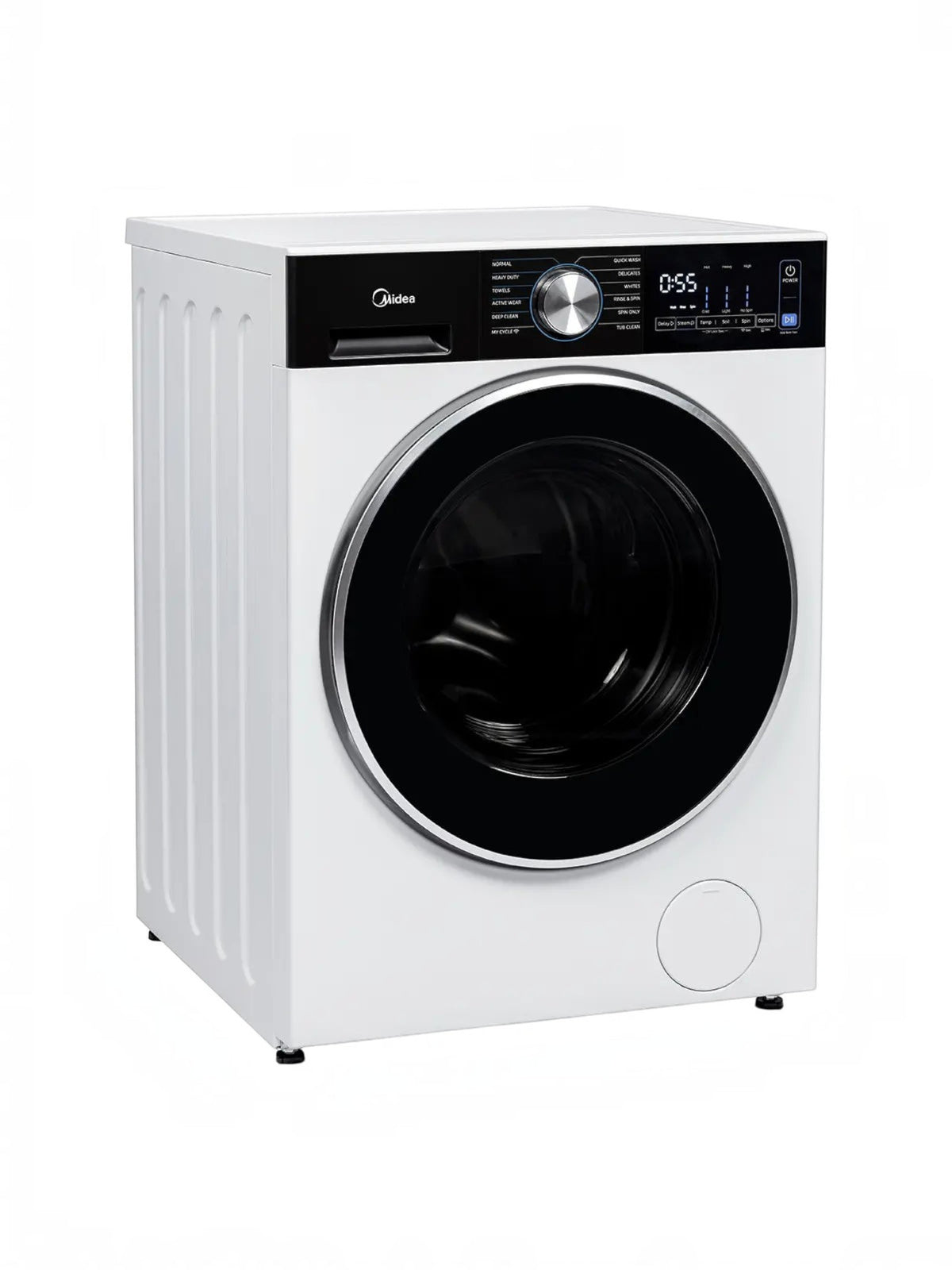 Laveuse compacte à chargement frontal TOCO Meubles blanche avec panneau de commande numérique et porte noire