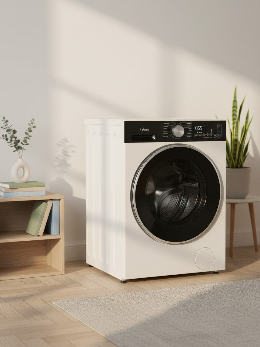Laveuse compacte TOCO Meubles à chargement frontal blanche avec panneau de commande numérique et porte noire
