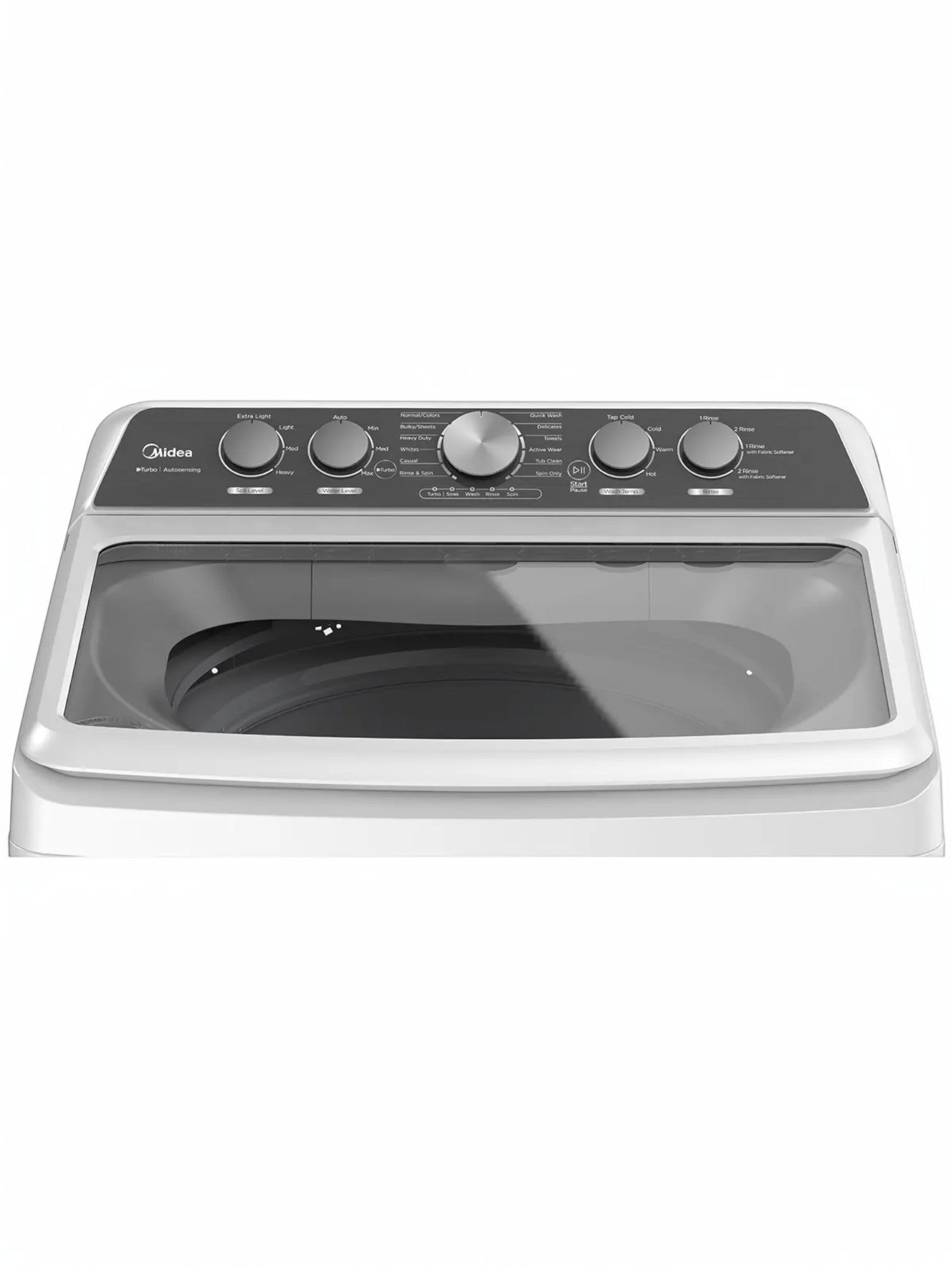 Laveuse à chargement par le haut MIDEA blanche avec agitateur, 4,7 pi³, 12 cycles, couvercle en verre à fermeture lente.