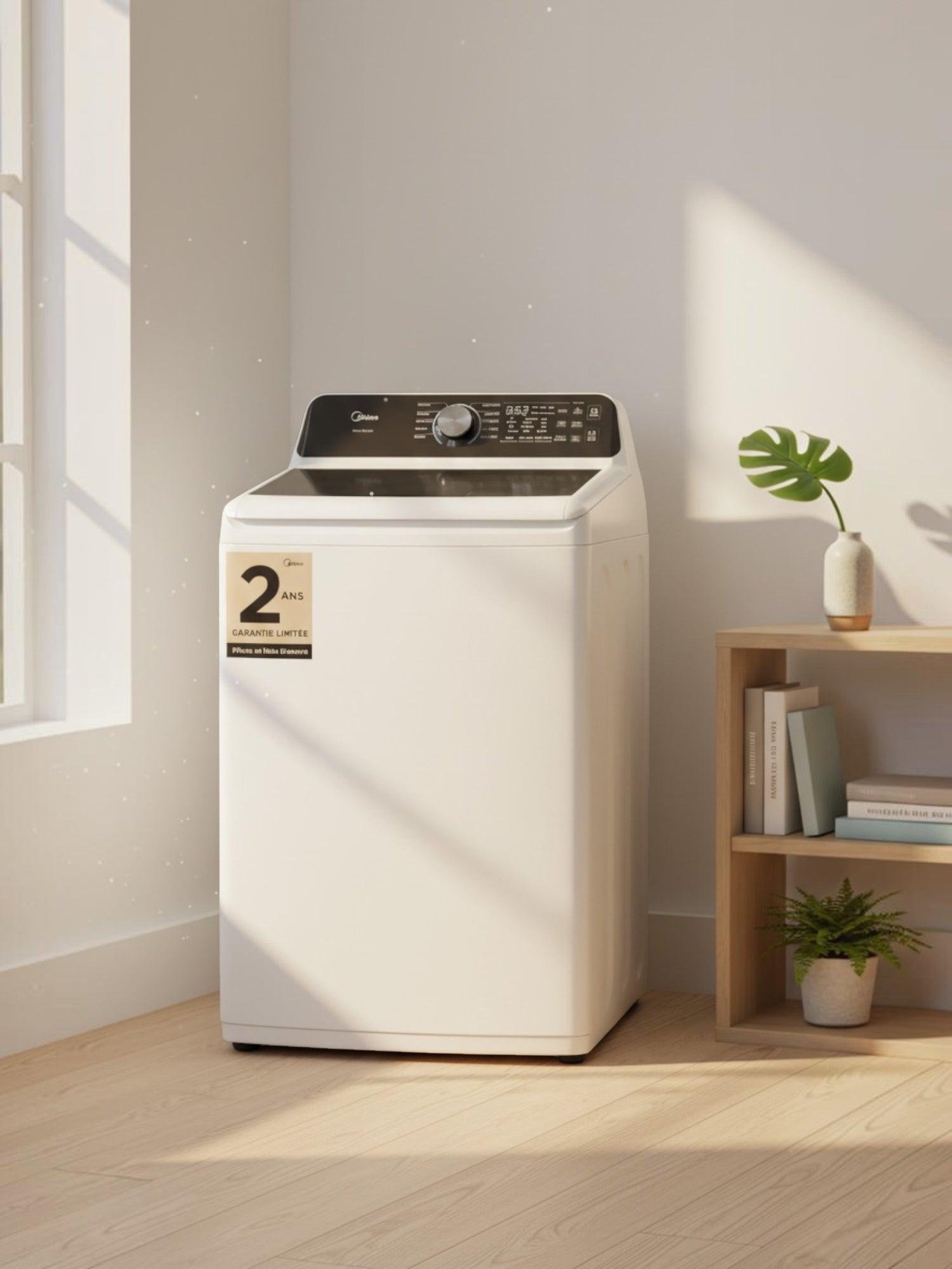 Laveuse MIDEA 5,2 pi³ à turbine blanche avec panneau de commande noir, présentée dans une buanderie chez TOCO Meubles.
