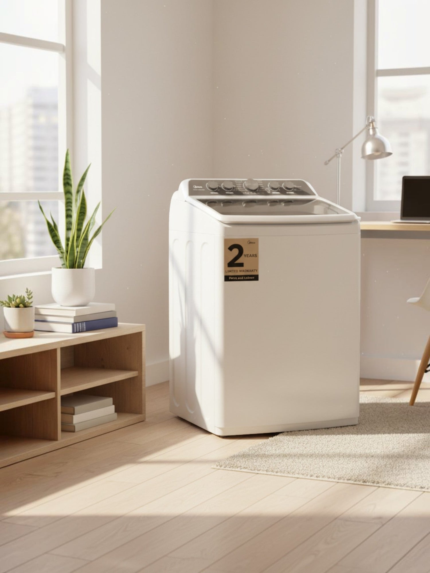 Laveuse MIDEA à chargement par le haut blanche avec couvercle en verre, présentée dans un intérieur TOCO Meubles.