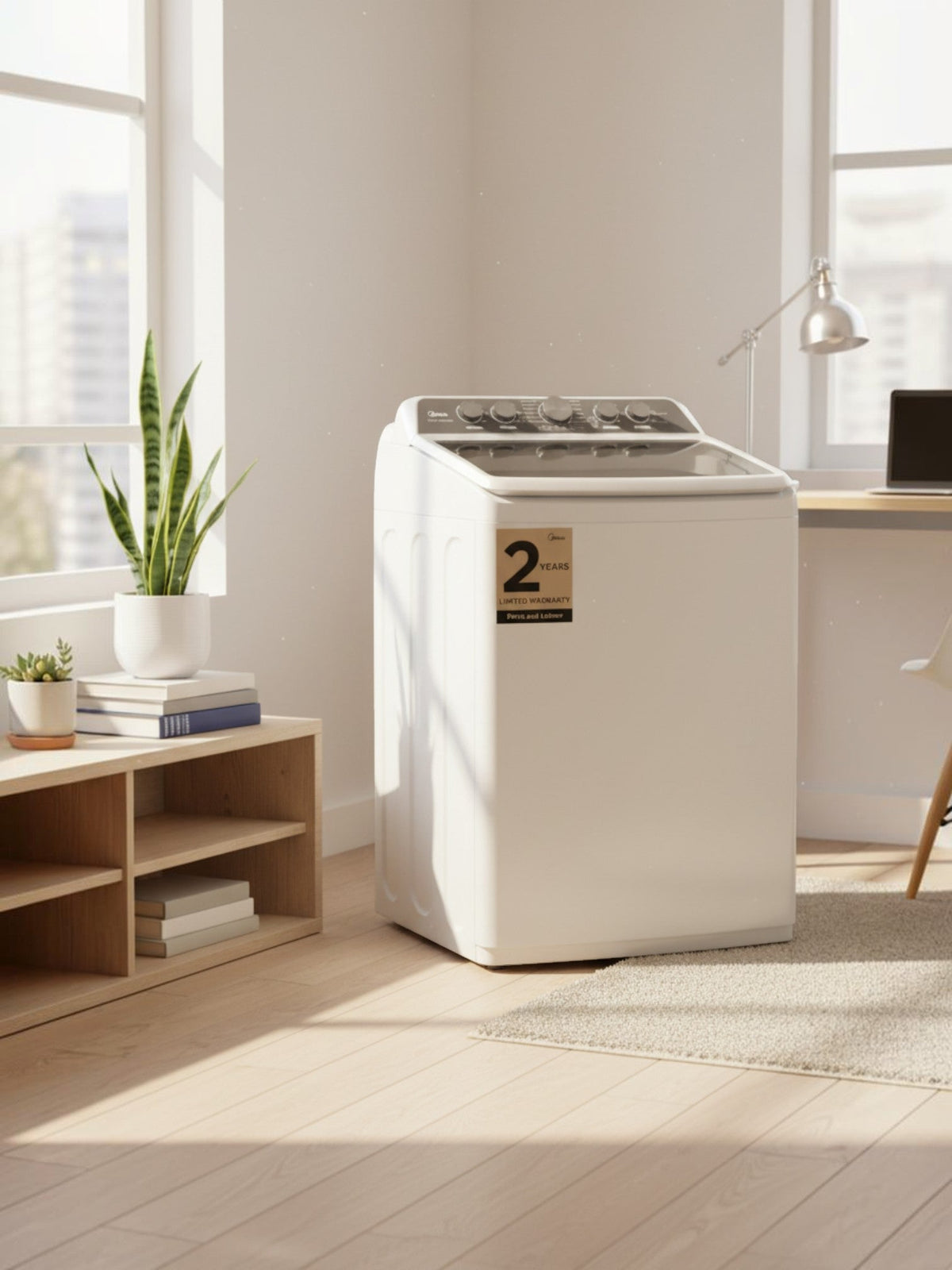 Laveuse MIDEA à chargement par le haut blanche avec couvercle en verre, présentée dans un intérieur TOCO Meubles.