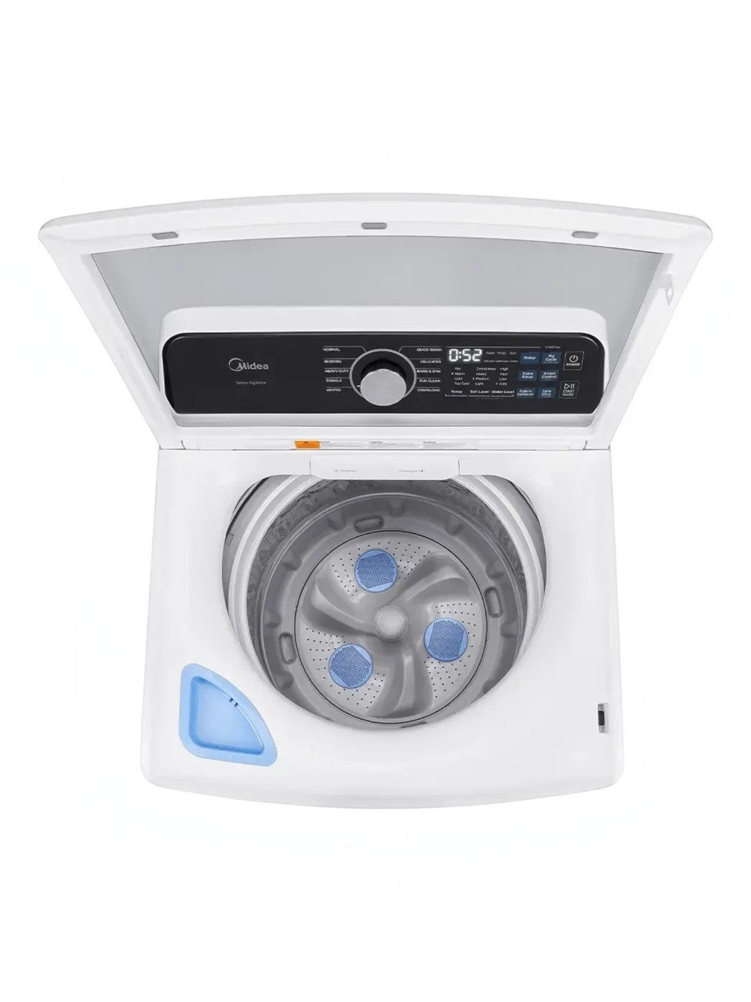 Laveuse à turbine MIDEA 5,2 pi³ blanche vue de dessus avec couvercle ouvert, proposée par TOCO Meubles