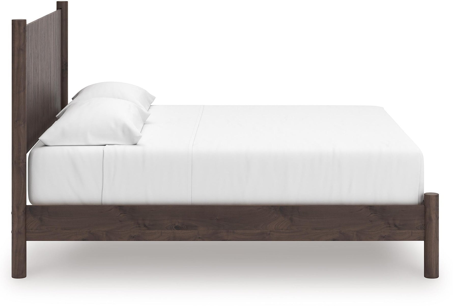 Lit Alma en bois brun foncé de TOCO Meubles, style bohème moderne avec tête de lit haute et pieds cylindriques.