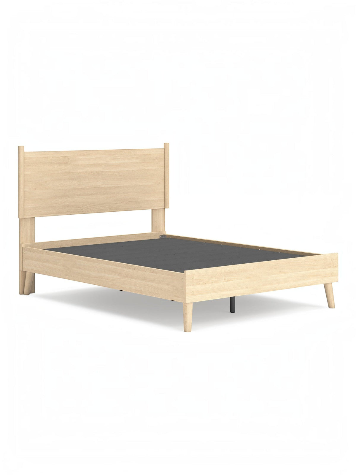 Lit double Anita en bois naturel avec tête de lit simple et pieds fuselés par TOCO Meubles. Design plateforme sans sommier.