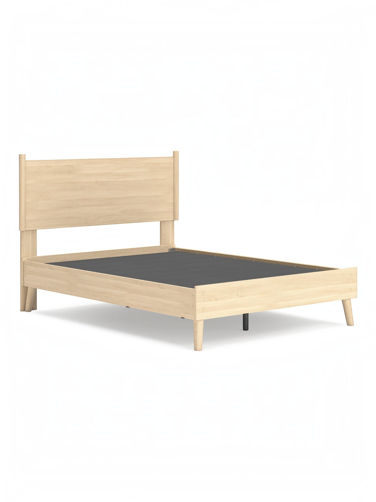 Lit double Anita en bois naturel avec tête de lit simple et pieds fuselés par TOCO Meubles. Design plateforme sans sommier.