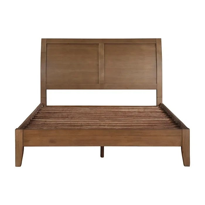 TOCO Meubles Grand Lit Antoine, lit plateforme queen en bois brun clair effet brossé avec tête de lit style traîneau.