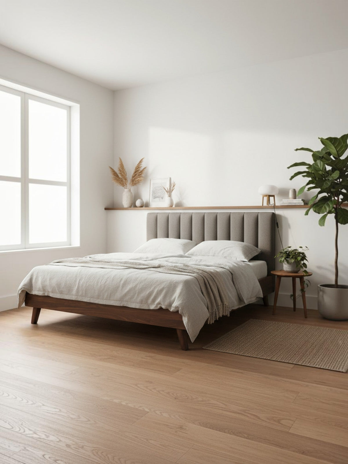 Lit double TOCO Meubles style Mid-Century avec tête de lit rembourrée grise et cadre en bois naturel dans une chambre