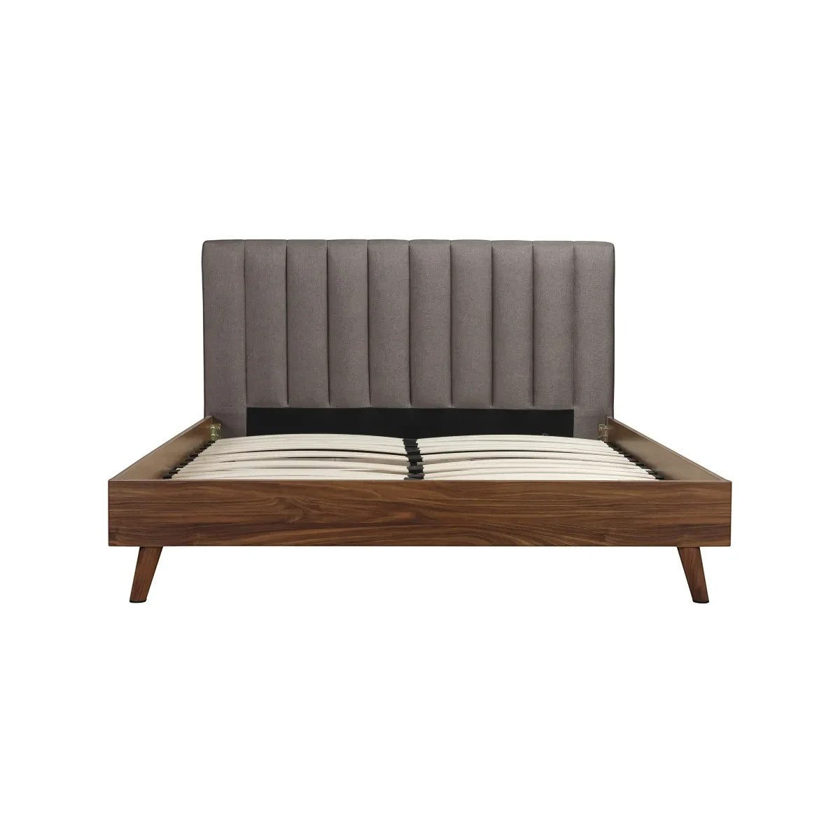 Lit Atlas TOCO Meubles en tissu gris capitonné et bois imitation noyer, style Mid-Century Modern.
