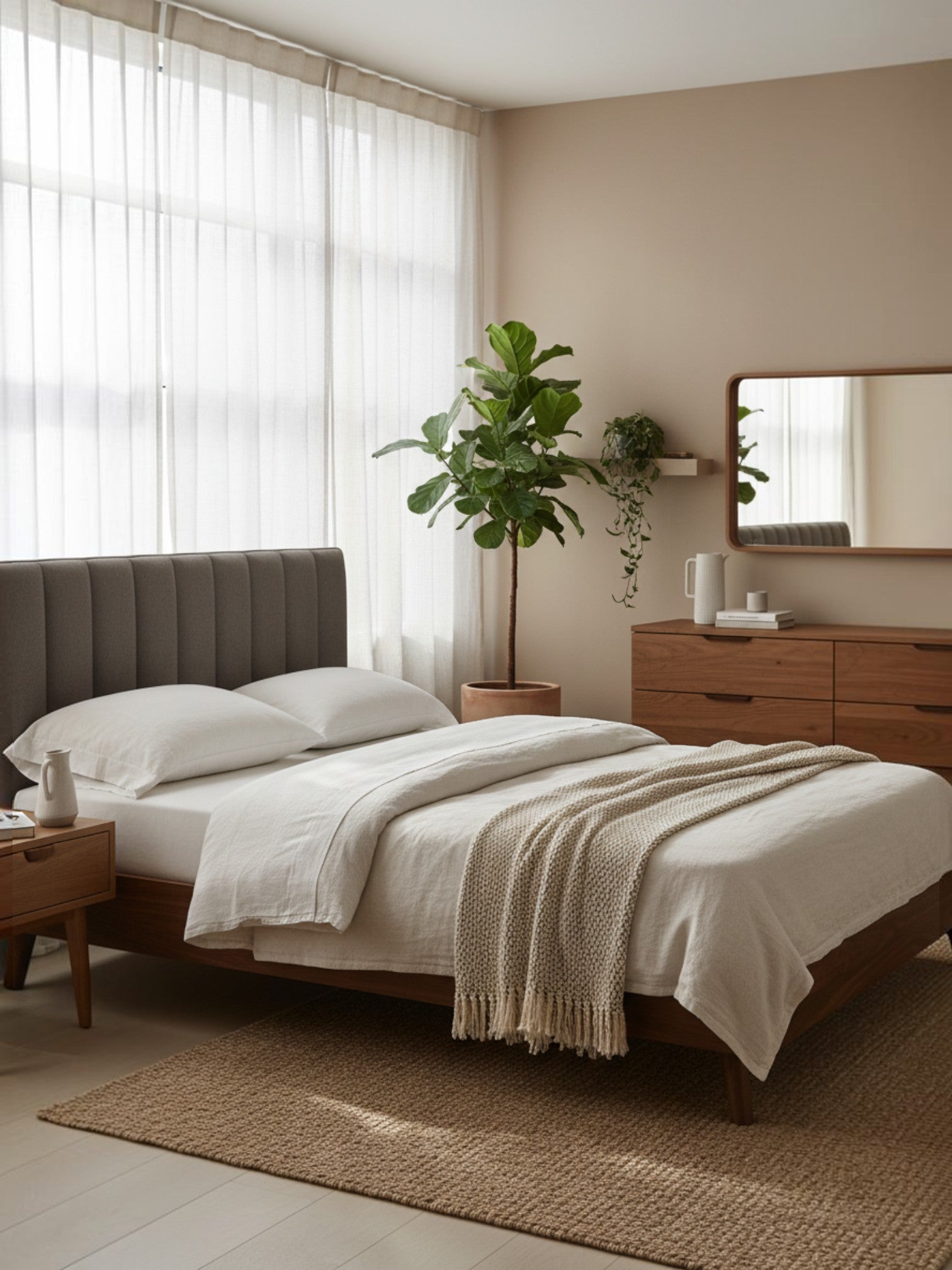 Très grand lit Atlas TOCO Meubles avec tête de lit capitonnée grise et cadre en bois style noyer dans une chambre
