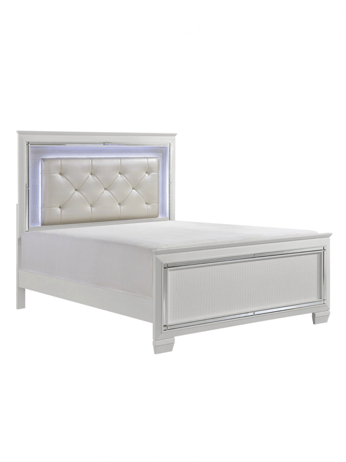 Très grand lit TOCO Meubles Aurore blanc avec tête de lit capitonnée en similicuir, éclairage DEL et bordure miroir