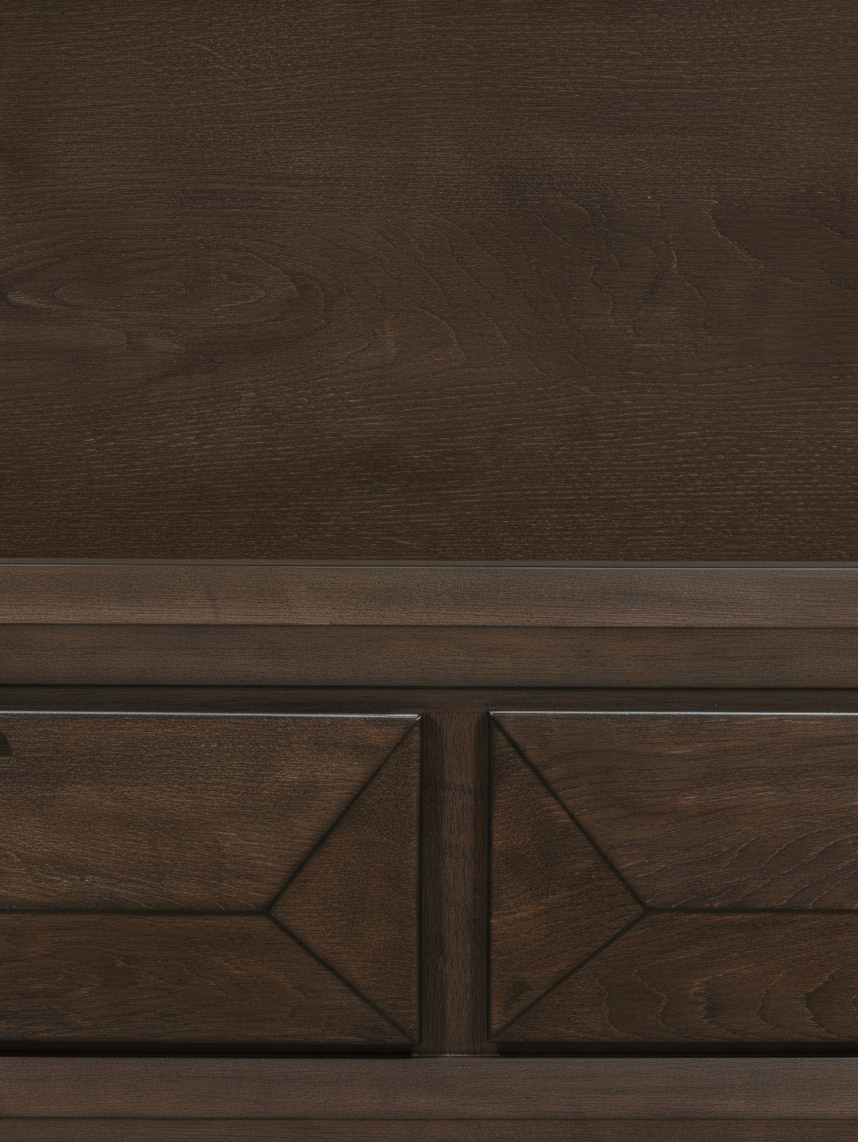 Détail du tiroir en bois espresso avec panneaux surélevés du très grand lit Basile par TOCO Meubles