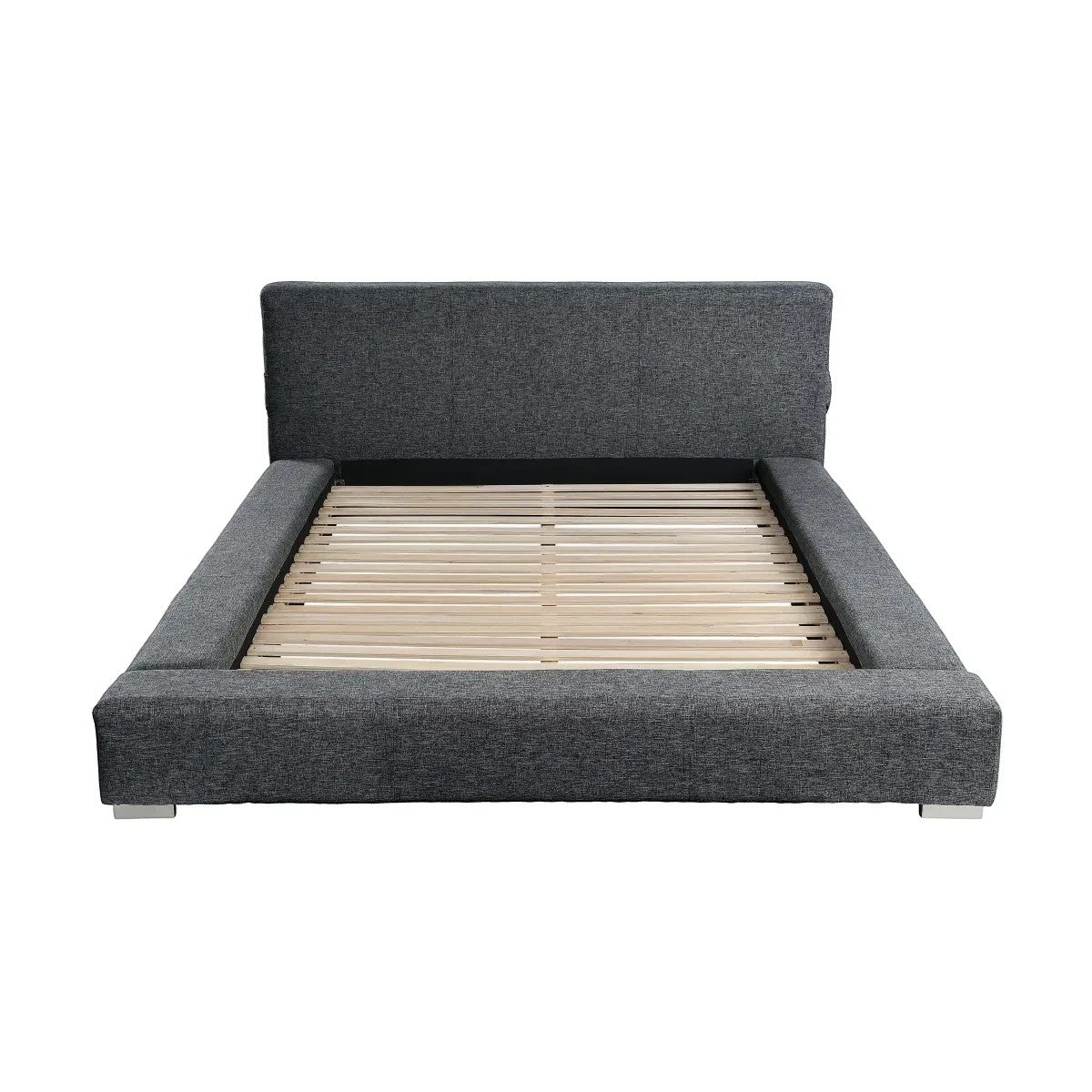 Lit double gris foncé TOCO Meubles Billie avec tête de lit rembourrée et plateforme basse, tissu texturé.